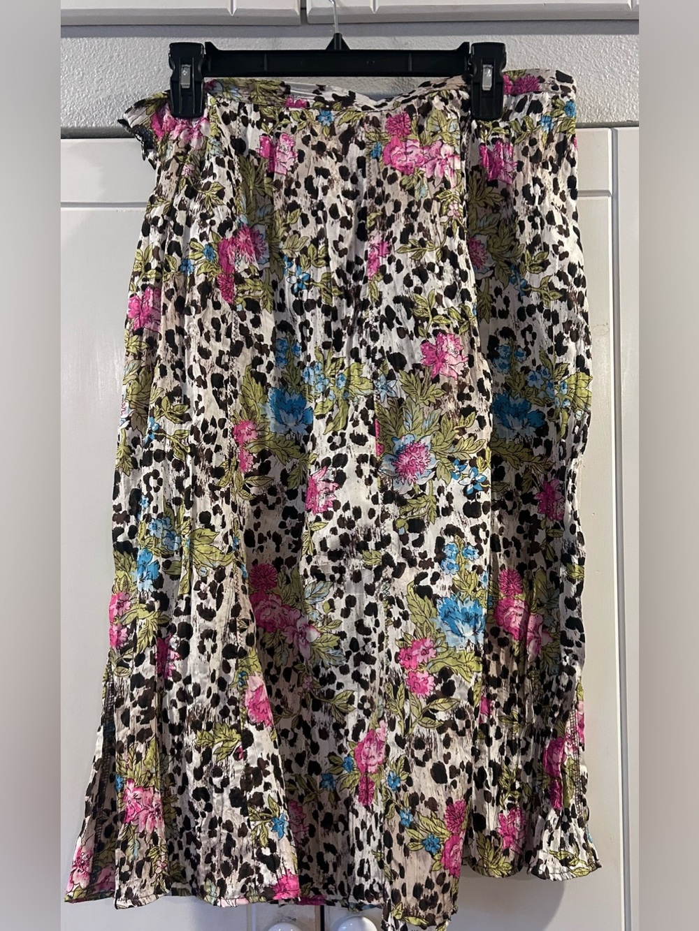 Asymmetrical Floral & Leopard Print Skirt in White, Pink, Blue